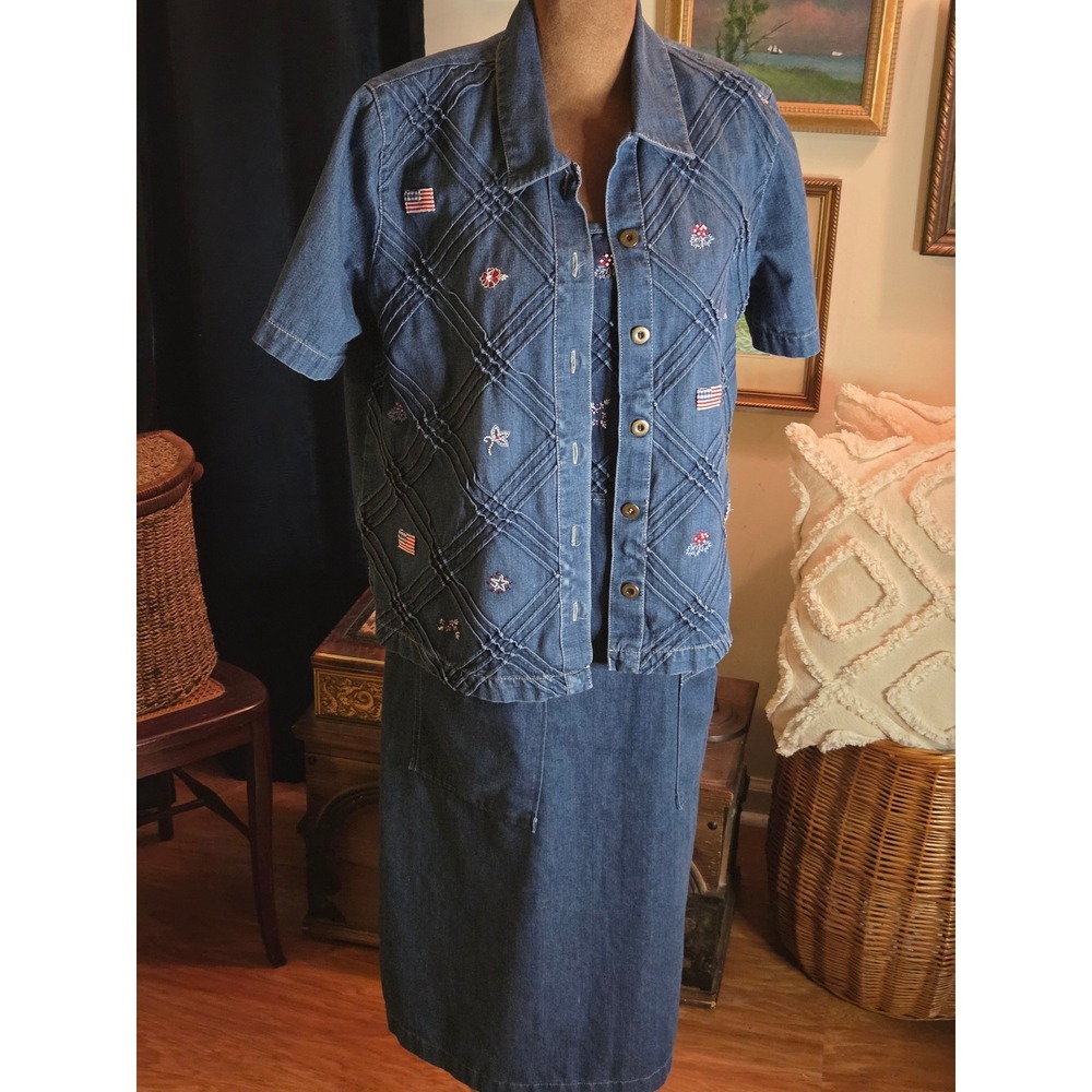 Vintage Denim 2 Piece Set Embroidered Patriotic Flag Jacket Jumper Dress Blue